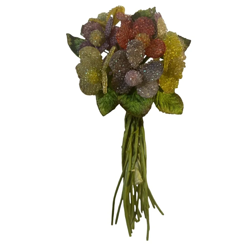 Vintage Beaded Sugared Floral Millinery Bouquet Yellow Lavender Red Flowers